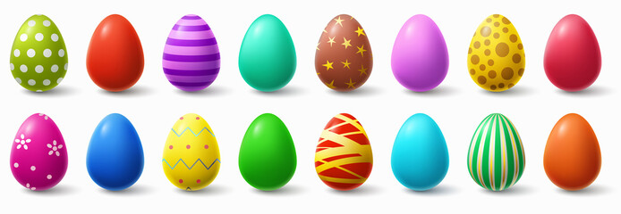 Colorful easter eggs. Holiday chicken egg decor, easter patterns realistic isolated vector illustration set