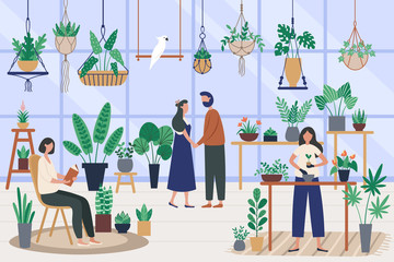 Botanist greenhouse. Planting houseplant, grow plants and planter hobby. Friends spending time at orangery vector illustration - obrazy, fototapety, plakaty