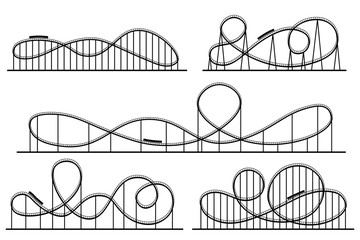 Roller coaster silhouette. Amusement park atractions, switchback attraction and rollercoaster vector silhouettes set