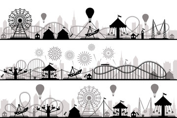 Amusement park landscape. Carnival roller coasters silhouettes, festive carousel and ferris wheel parks vector silhouette illustration - obrazy, fototapety, plakaty