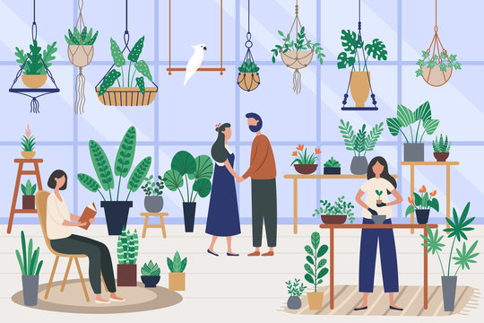 Botanist Greenhouse. Planting Houseplant, Grow Plants And Planter Hobby. Friends Spending Time At Orangery Vector Illustration