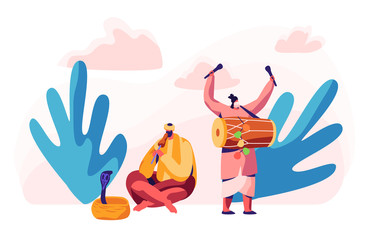 Indian Musician Playing Drum Dhol and Flute in Asian Festival