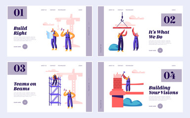 Builder Team Engineering Bridge with Construction Crane Set Landing Page. Architect with Hammer Build Gate. Worker Standing Ladder Building Object Website or Web Page. Flat Cartoon Vector Illustration