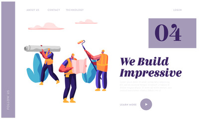 Professional Man Builder in Process Construction Website Template. Workman Carry Material for Build Work. Engineer Look at Blueprints. Design for Website or Web Page Flat Cartoon Vector Illustration
