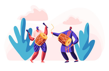 Indian Musicians Playing Classical Music at Ethnic Festival. Asian Man with Dhol at Cultural Celebration. Musical Instrumental Entertainment in India. Drum Instrument. Flat Cartoon Vector Illustration