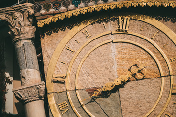 Tbilisi, Georgia. Close Up Details Of Famous Rezo Gabriadze Marionette Theater Clock Tower On Old City. Puppet Theater Museum In Tbilisi, Georgia, Caucasus, Asia. Clock Face