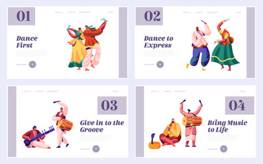Music Festival in India Landing Page Set. Musician Playing Musical Instrument Dhol, Drum, Flute and Sitar at National Instrumental Ceremony Asia Website or Web Page. Flat Cartoon Vector Illustration