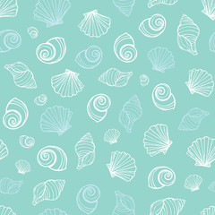 Vector pastel blue seashells repeat pattern. Suitable for gift wrap, textile and wallpaper.