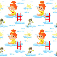 Vector Seamless Pattern for Children with  little girl playing on clouds with a paper airplane and cat with bird. Creative kids texture for fabric, wrapping, textile, wallpaper, apparel. 