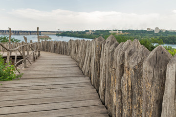 Zaporozhskaya Sich buildings on Khortytsia island, Ukraine.