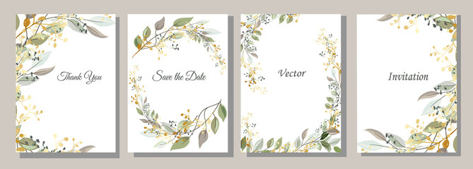 Fototapeta na wymiar Set of cards with gold and leaves. Decorative invitation to the holiday. Wedding, birthday. Universal card. Template for text. Vector illustration.