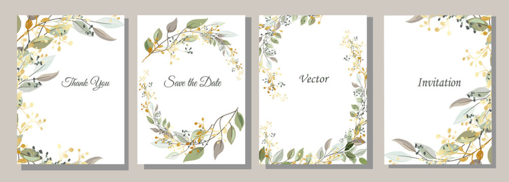 Set of cards with gold and leaves. Decorative invitation to the holiday. Wedding, birthday. Universal card. Template for text.  Vector illustration.