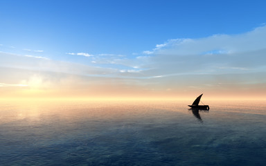 silhouette of boat on calm sea at sunset