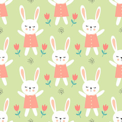 Happy bunny with flowers, children’s seamless pattern. Sketch for wrapping paper with cute rabbits.
