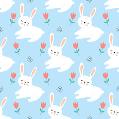 Happy bunny with flowers, children’s seamless pattern. Sketch for wrapping paper with cute rabbits.