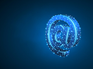 Internet AT symbol abstract neon 3d illustration. Polygonal Raster business concept of e-mail, web communication. Low poly wireframe, geometry triangle, lines, dots, polygons on blue background