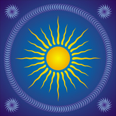 Square mandala, esoteric background. Mystical symbol. The sun in the center of the circle and the elements of rotation in the corners. Vector graphics.