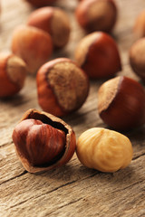 Hazelnuts on wooden table