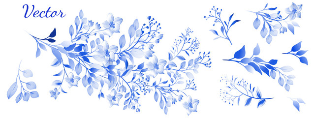 Set: decorative blue twig, leaves, flowers.