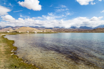 Karakul Lake along Karakorum Highway, Xinjiang, China, connecting Kashgar and the Pakistan border. 3600m, it is the highest lake in Pamir Plateau. Mt. Kongur, 7700m, is visible in the background