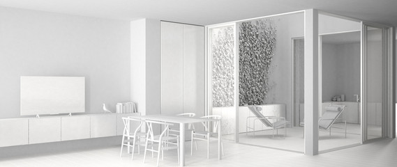 Total white project of minimalist living room with dining table, big windows on balcony terrace with lounge armchair and kitchen in the background, contemporary modern interior design