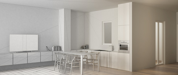Architect interior designer concept: unfinished project that becomes real, minimalist white kitchen with dining table and parquet floor, modern design idea