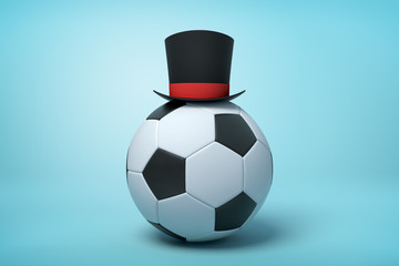 3d rendering of football wearing black tophat with much copy space on the rest of light blue background.