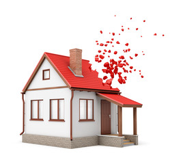 3d rendering of one-storeyed detached house with chimney starting to dissolve into pieces from one side of its red roof isolated on white background.