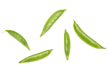 Group of five whole green sugar snap pea pods flatlay isolated on white background