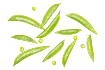 Lot of whole green sugar snap pea pods with peas flatlay isolated on white background