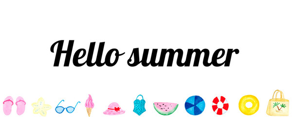 Watercolor illustration hello summer. Summer frame. Beach and sun.Lettering summer