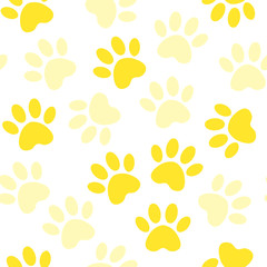 yellow paw print seamless. Vector illustration animal paw track pattern. backdrop with silhouettes of cat or dog footprint.