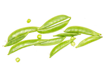 Lot of whole young green sugar snap pea flatlay isolated on white background