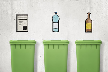 3d rendering of three green trash cans with drawings of paper, plastic and glass on wall above them showing which can is for which type of waste.