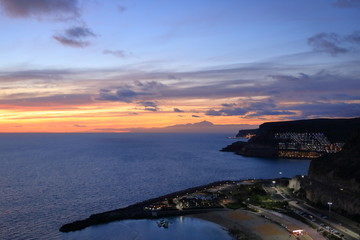 Sunset over Canary Islands, view from Gran Canaria to Tenerife, El Teide volcano, Spain