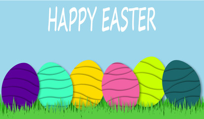 Happy Easter background with colorful eggs in bright green grass