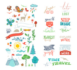 Vector chalk lettering and doodle clipart on nature / travel / wanderlust theme.