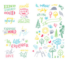 Vector chalk lettering and doodle clipart on nature / travel / wanderlust theme.