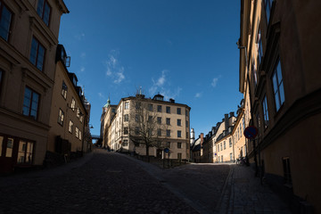 Fototapeta na wymiar A sunny spring day in Stockholm, old houses and landmarks