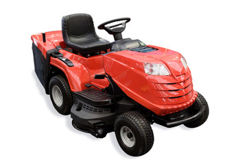 Gardening equipment - generic red tractor mower isolated on a white background.