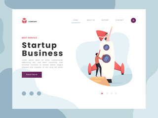 Obraz na płótnie Canvas Vector Illustration idea concept for landing page template, Man and woman building a spaceship rocket, climbing up the stairs, developing a new startup business company, flat style.