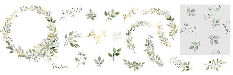 Set. Arrangement of decorative leaves and gold elements. Collection: leaves, twigs, herbs, leaf compositions, gold, wreath. Vector design. - obrazy, fototapety, plakaty