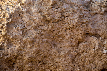 Vintage mud wall in the desert made with beach rocks and coral stones. Texture of stone old wall, old dry coral of brown color. Natural background.