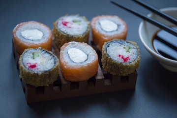 Sushi and tea are on the table, Japanese food.