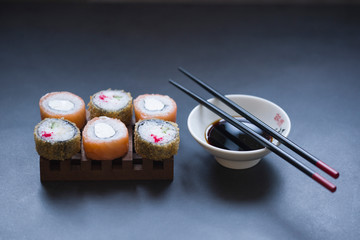 Sushi and tea are on the table, Japanese food.