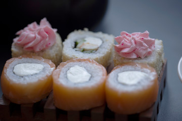 Sushi and tea are on the table, Japanese food.