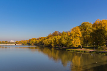 MOSCOW, RUSSIA - October 15, 2018: Panoramic view to the pond in Tsaritsyno park