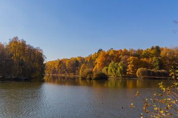 MOSCOW, RUSSIA - October 15, 2018: Panoramic view to the pond in Tsaritsyno park