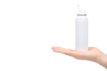 White nose wash spray bottle with hand, sea water therapy
