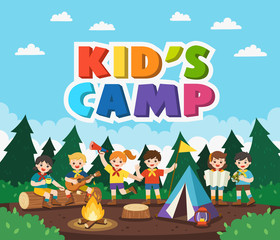 Children camping out in the park. Camping kids concept. Summer camp education advertising. vector illustration.
